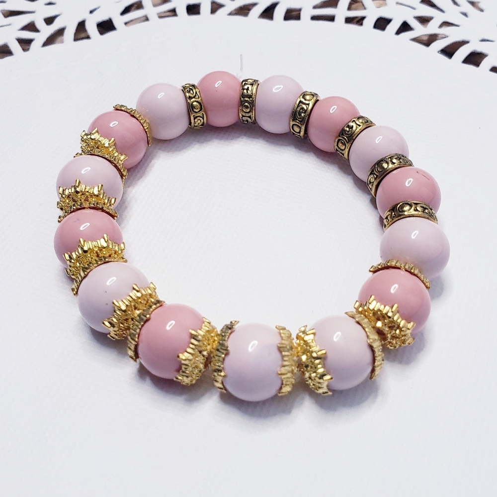 Elegant Gold and Ceramic Two Tone Pink Beaded Stretch Bracelet 0101